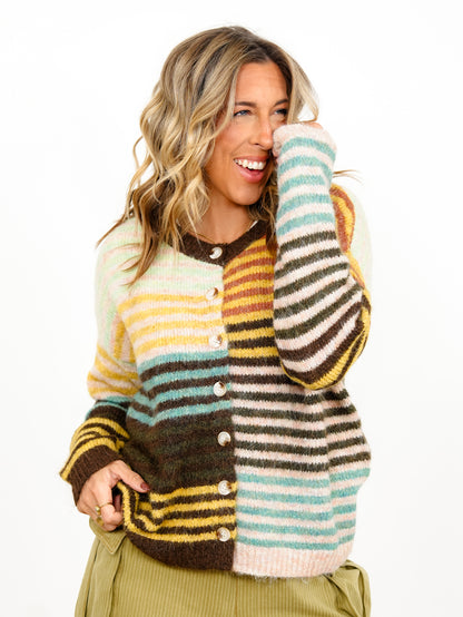 Plus/Reg Color Block Stripe Long Sleeve Button Down Cardigan
