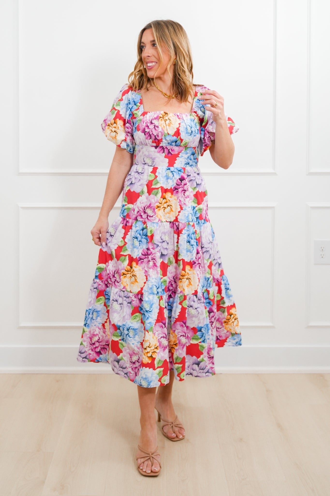 Floral Short Puff Sleeve Tiered Maxi Dress S