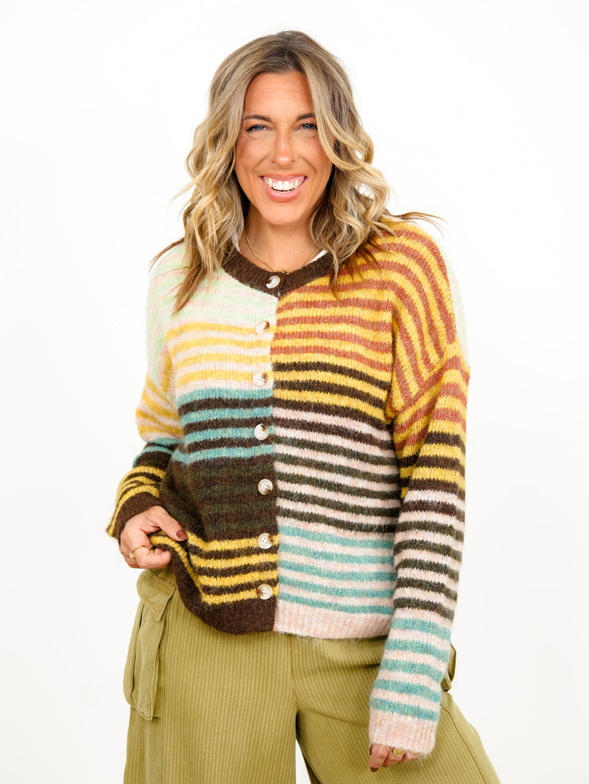 Plus/Reg Color Block Stripe Long Sleeve Button Down Cardigan