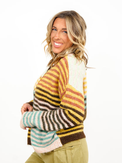 Plus/Reg Color Block Stripe Long Sleeve Button Down Cardigan