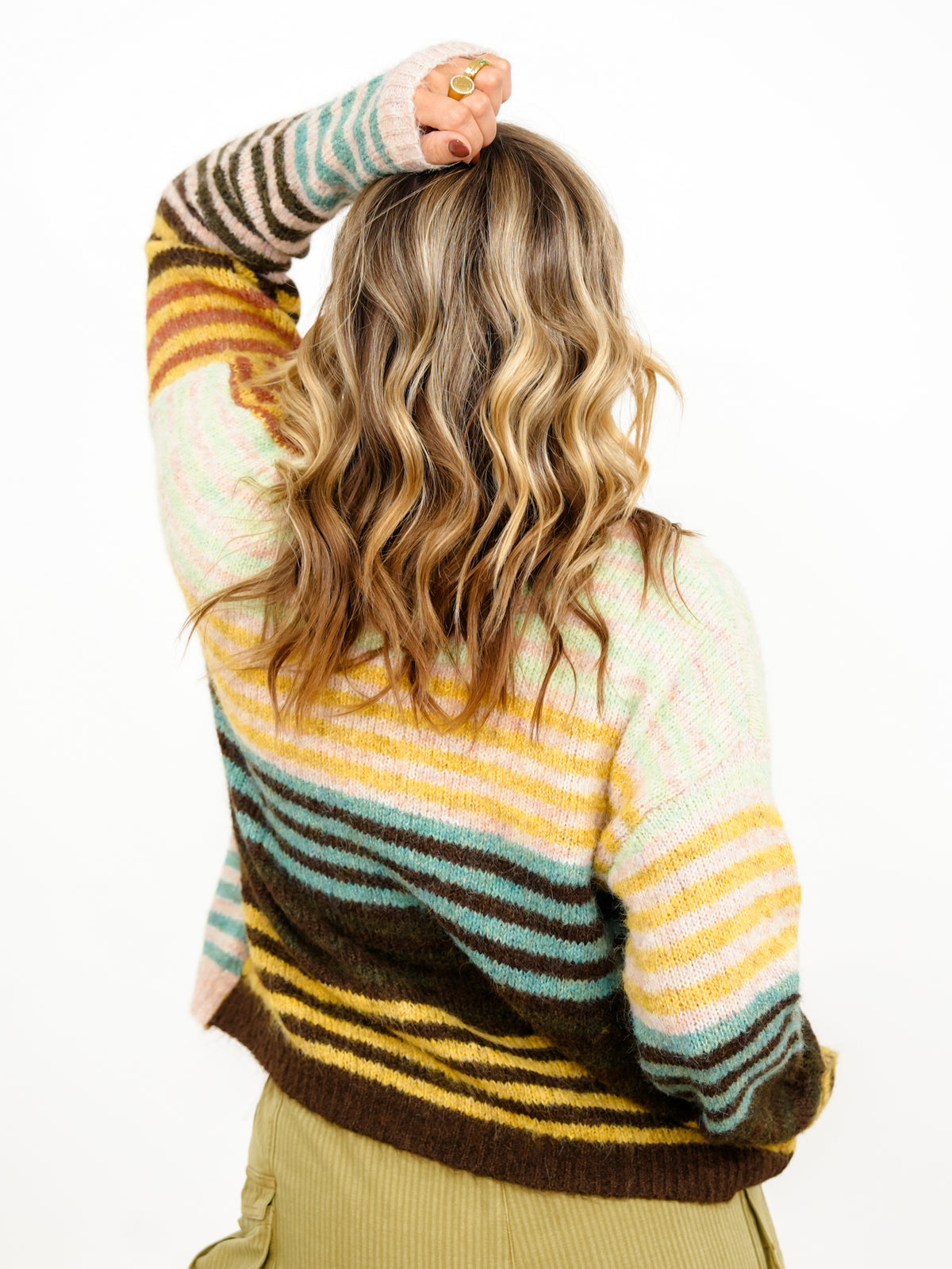 Plus/Reg Color Block Stripe Long Sleeve Button Down Cardigan