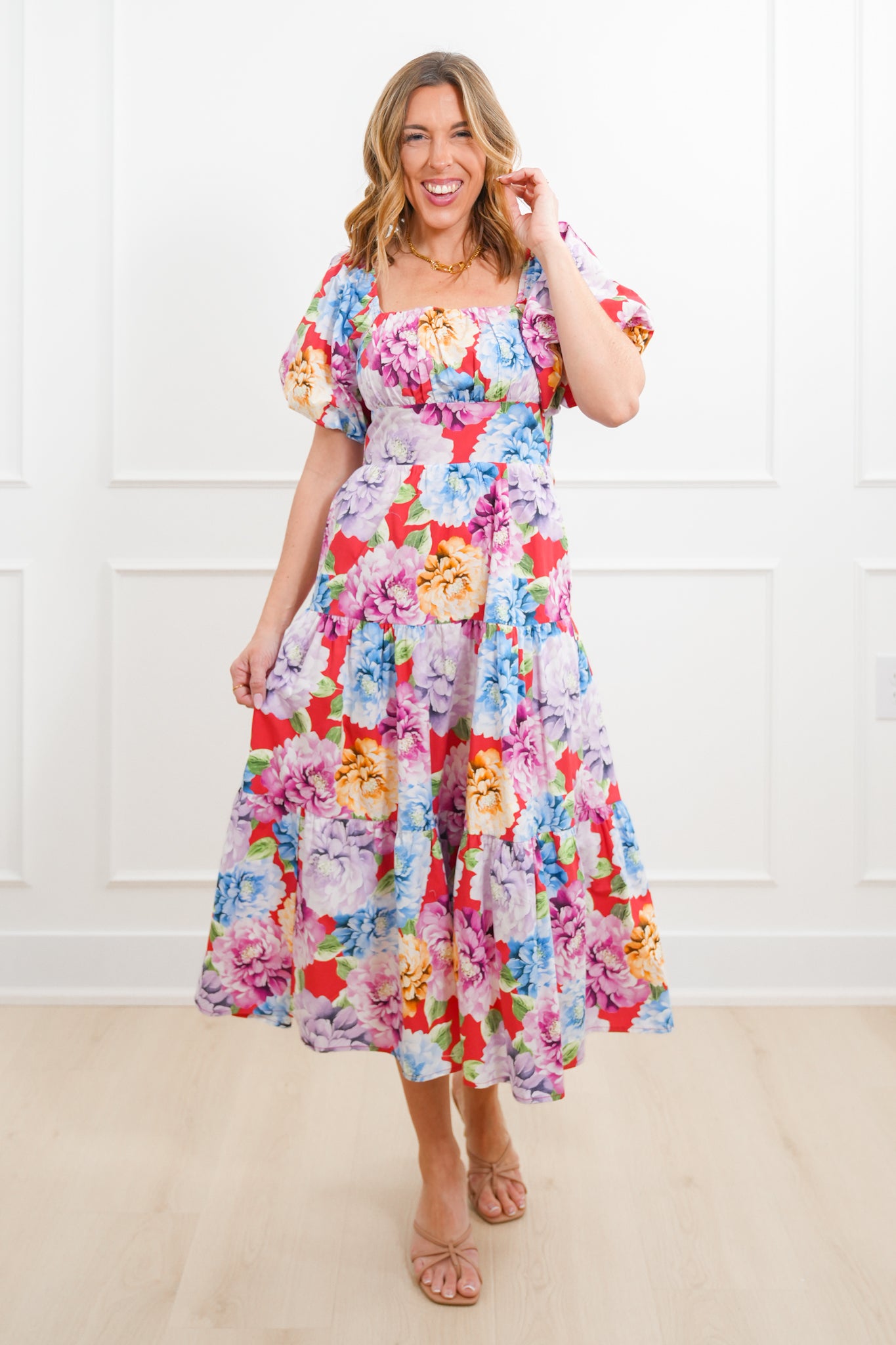 Floral Short Puff Sleeve Tiered Maxi Dress