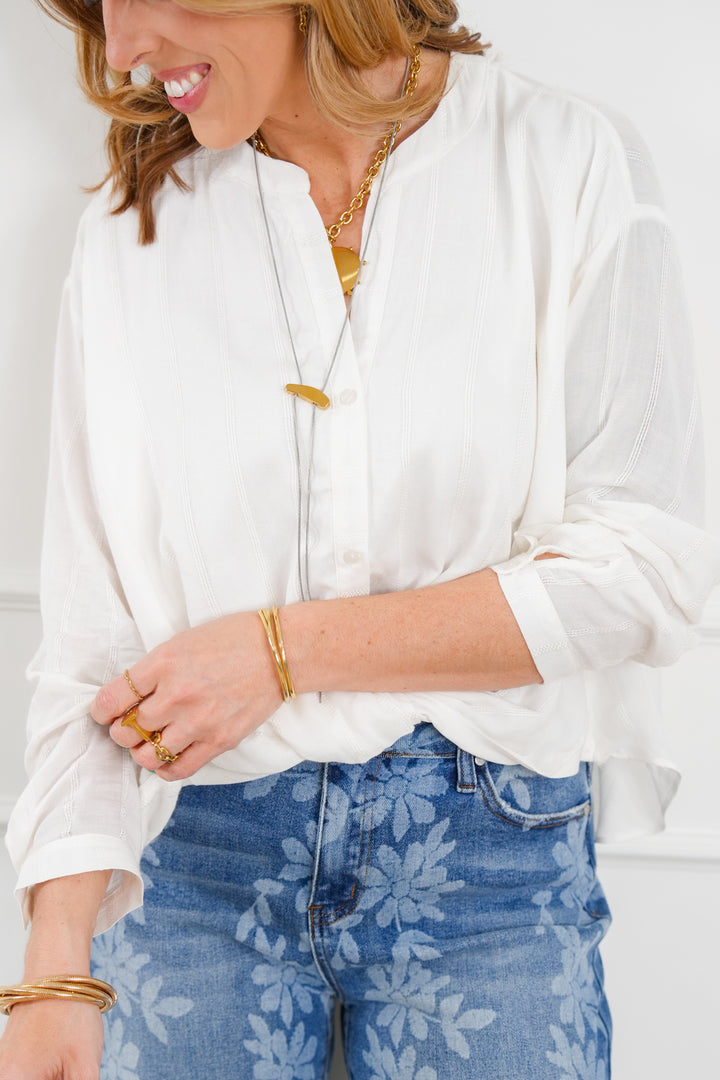 Plus/Reg The Effortlessly Chic Blouse White Stripe Long Sleeve High Low Twist Knot Top