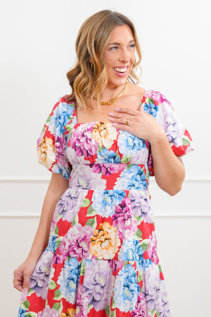 Floral Short Puff Sleeve Tiered Maxi Dress
