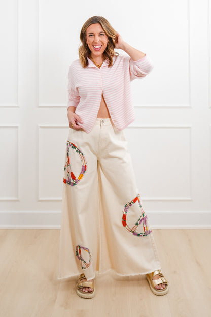 POL High Waisted Wide Leg Pants with Peace Sign Patch