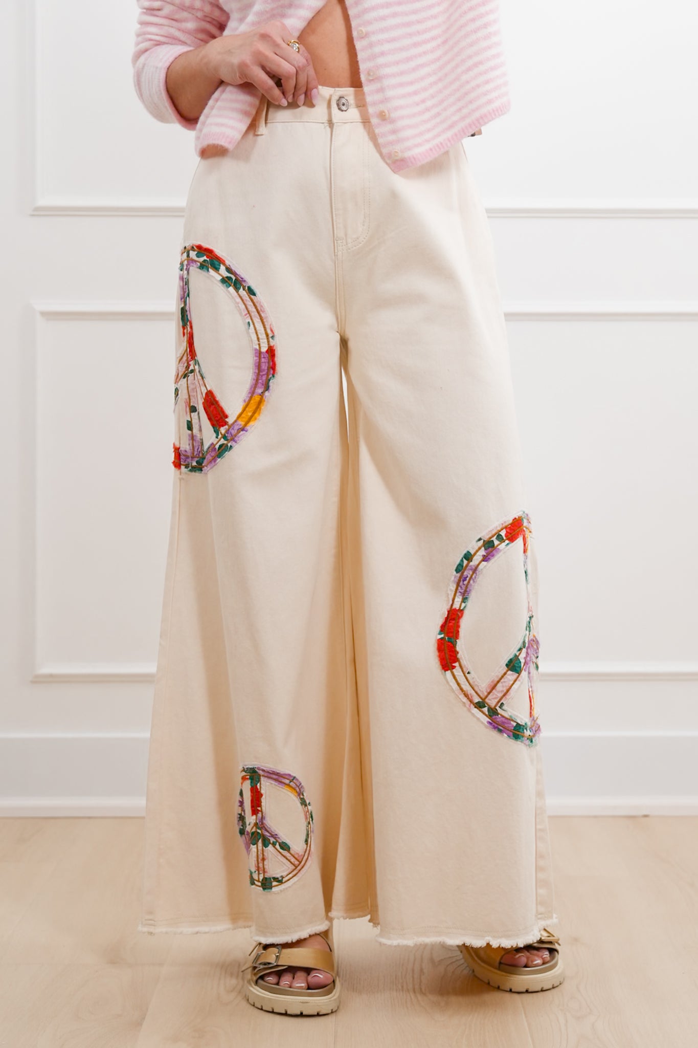 POL High Waisted Wide Leg Pants with Peace Sign Patch