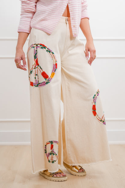 POL High Waisted Wide Leg Pants with Peace Sign Patch
