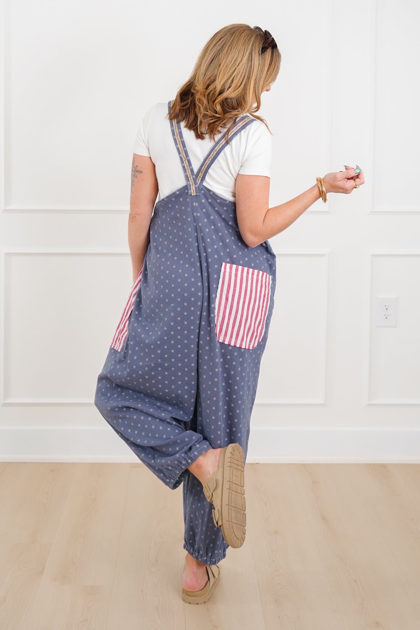 POL Stars & Stripe Print Sleeveless Jogger Overalls