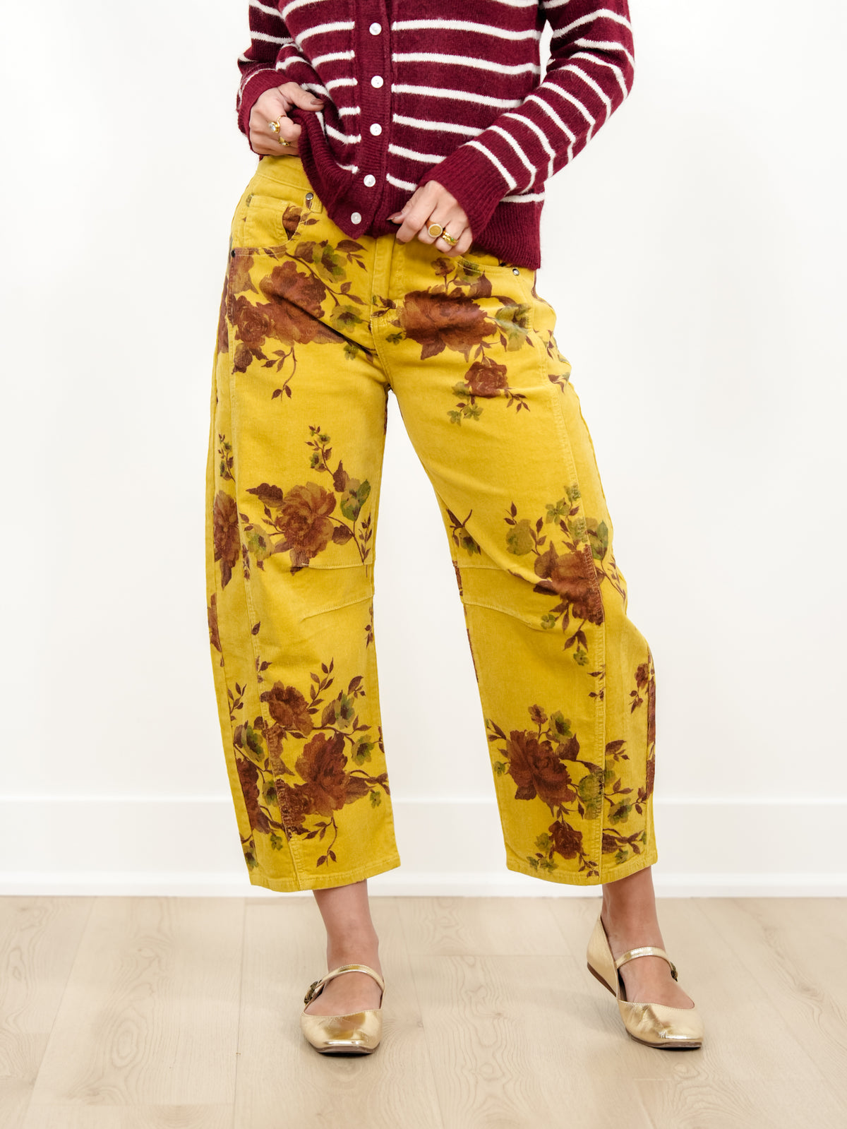 Floral Print Corduroy Barrel Leg Pants