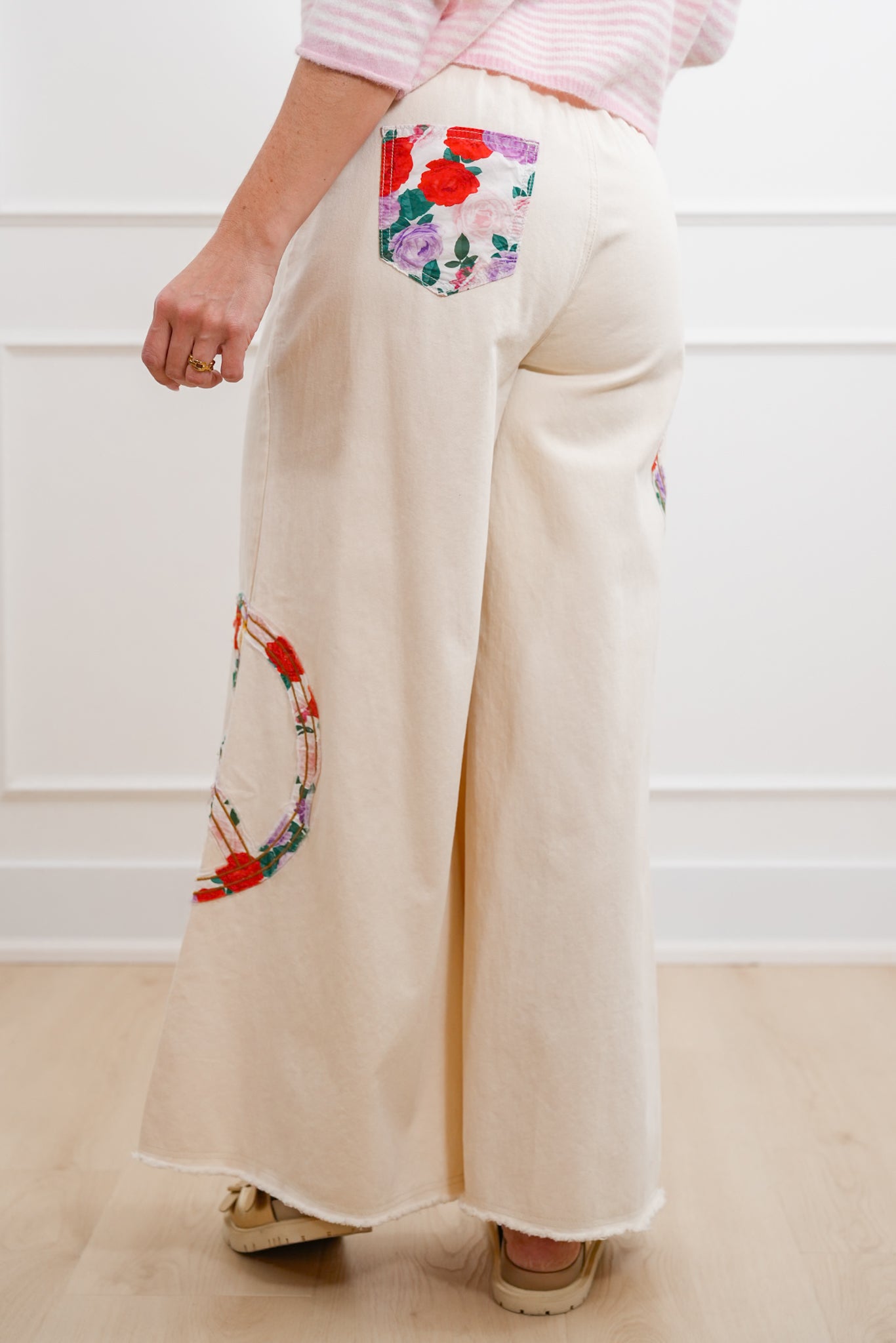 POL High Waisted Wide Leg Pants with Peace Sign Patch