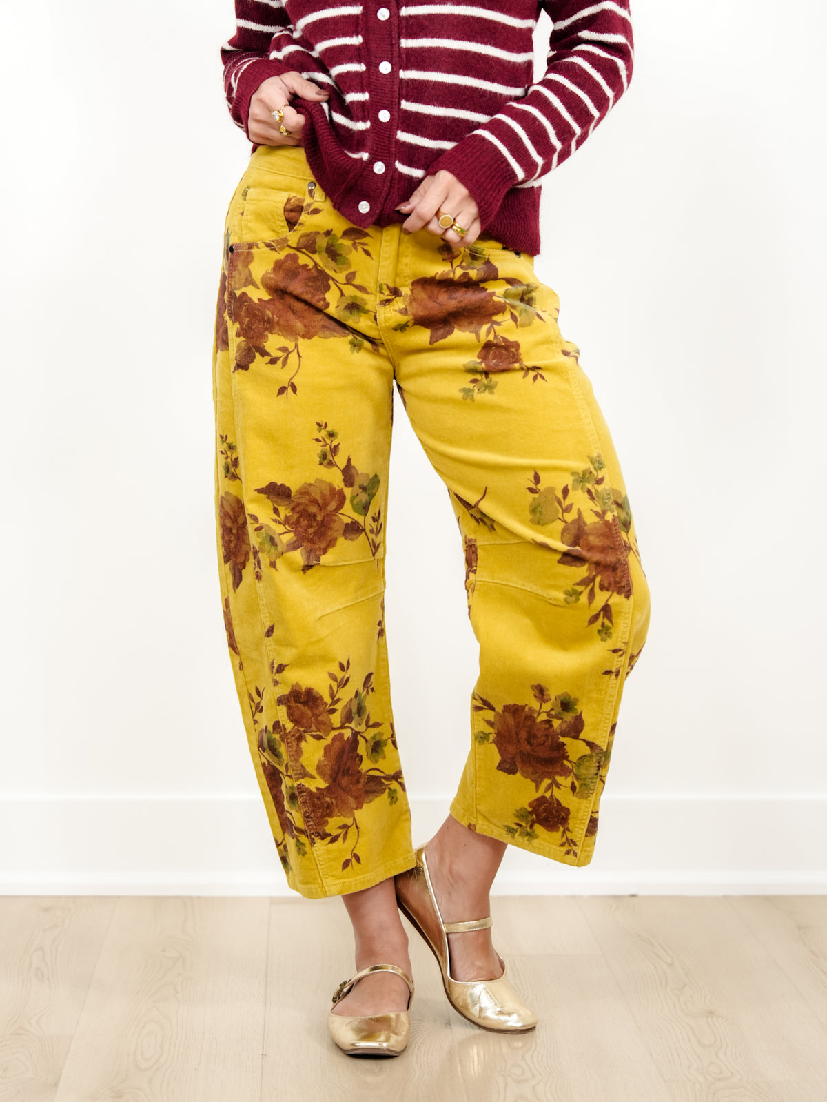 Floral Print Corduroy Barrel Leg Pants