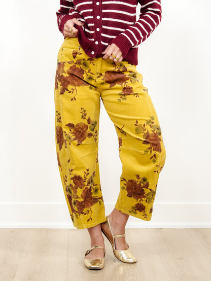Floral Print Corduroy Barrel Leg Pants