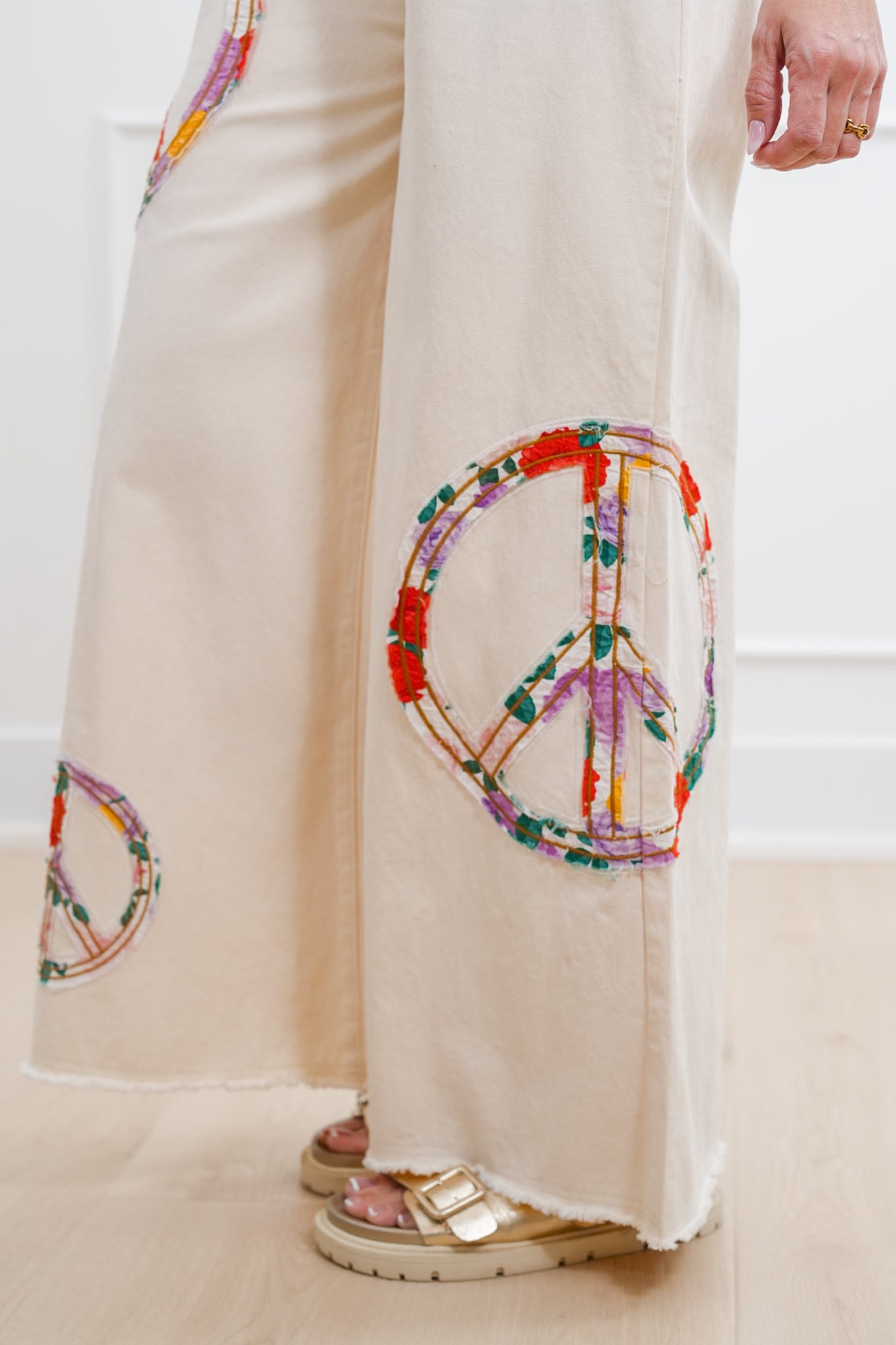 POL High Waisted Wide Leg Pants with Peace Sign Patch