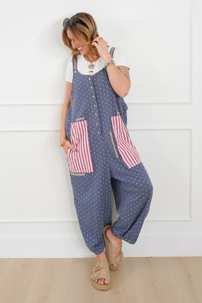 POL Stars & Stripe Print Sleeveless Jogger Overalls