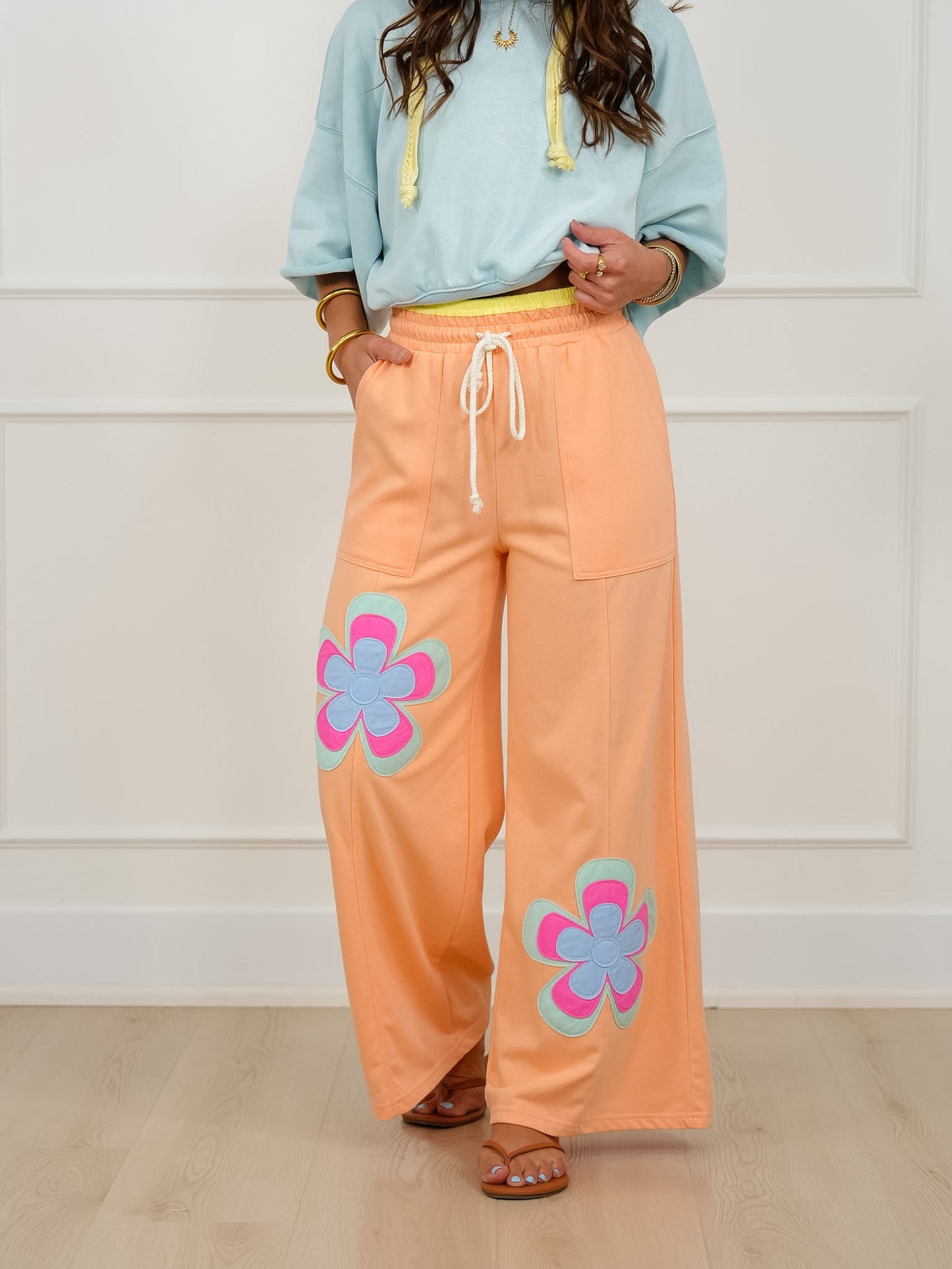 Elastic Waist Wide Leg Pants with Floral Patch