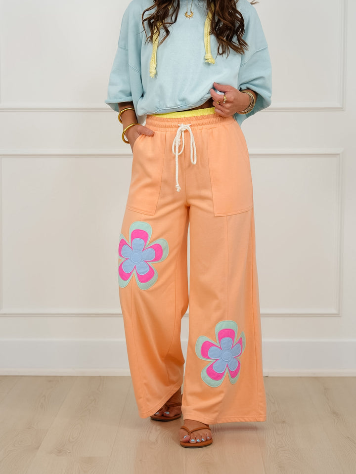 Elastic Waist Wide Leg Pants with Floral Patch