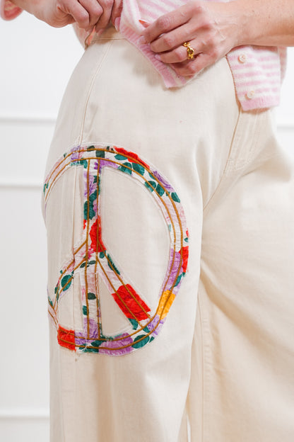 POL High Waisted Wide Leg Pants with Peace Sign Patch