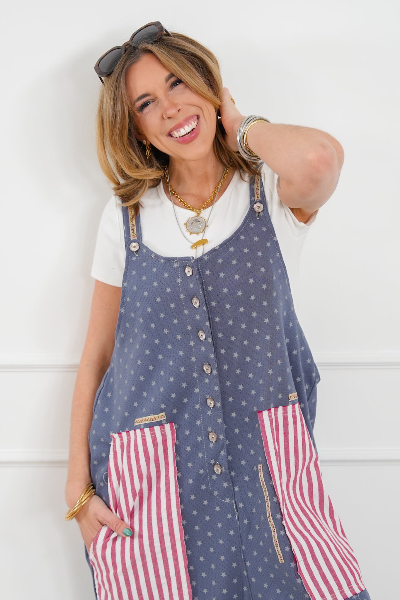 POL Stars & Stripe Print Sleeveless Jogger Overalls