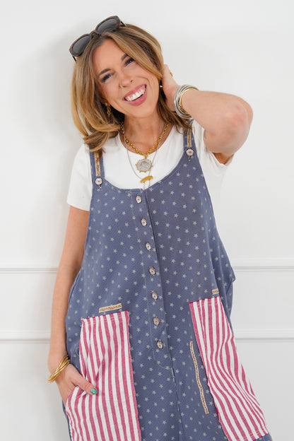 POL Stars & Stripe Print Sleeveless Jogger Overalls