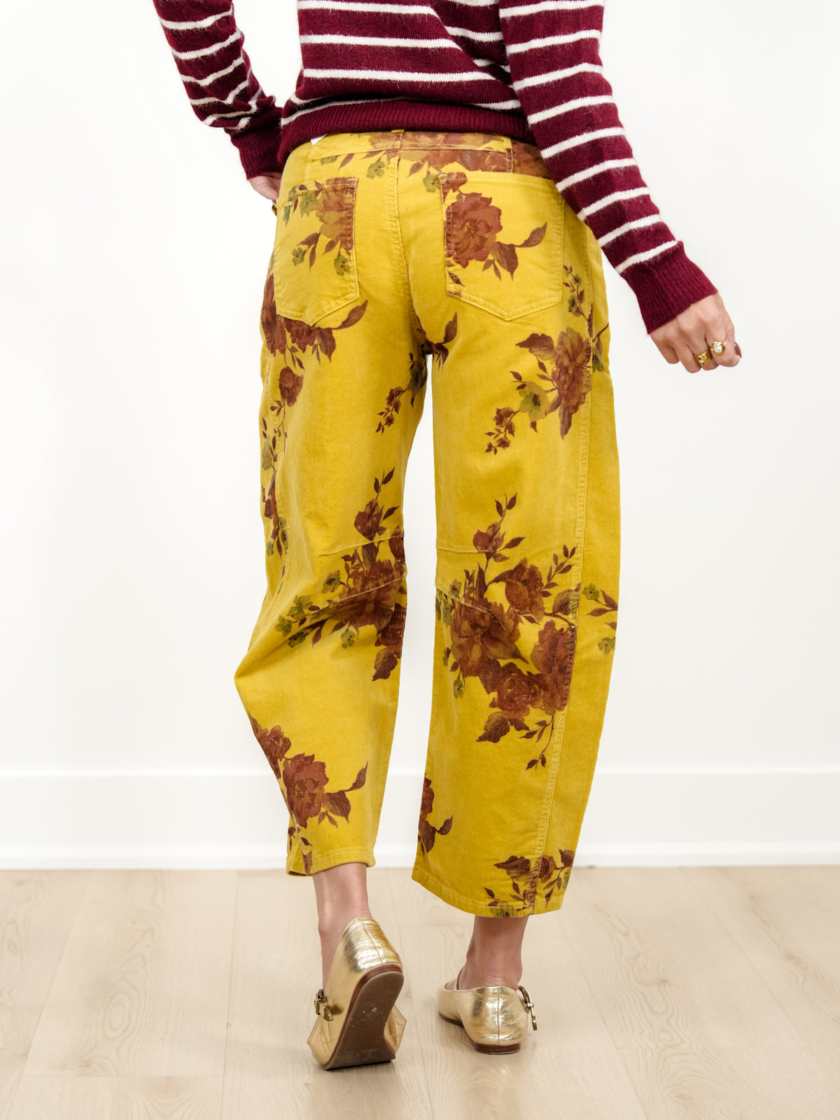 Floral Print Corduroy Barrel Leg Pants