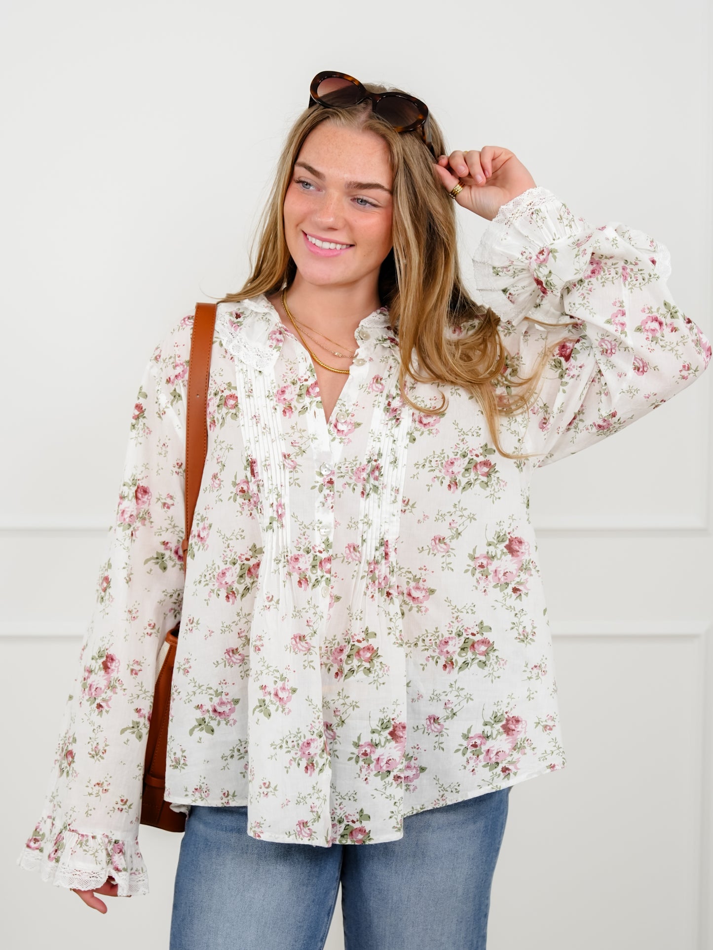POL Floral Print Long Sleeve Button Down Top with Lace Trim