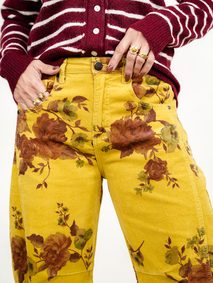 Floral Print Corduroy Barrel Leg Pants