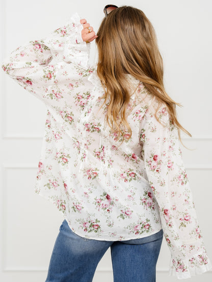 POL Floral Print Long Sleeve Button Down Top with Lace Trim