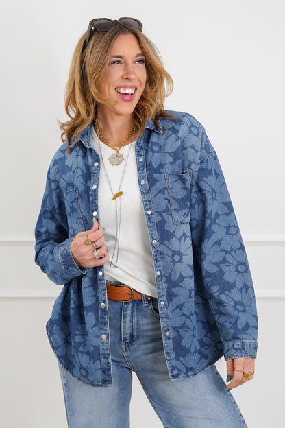 Plus/Reg Risen Dark Wash Floral Print Snap Close Top