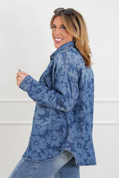 Plus/Reg Risen Dark Wash Floral Print Snap Close Top
