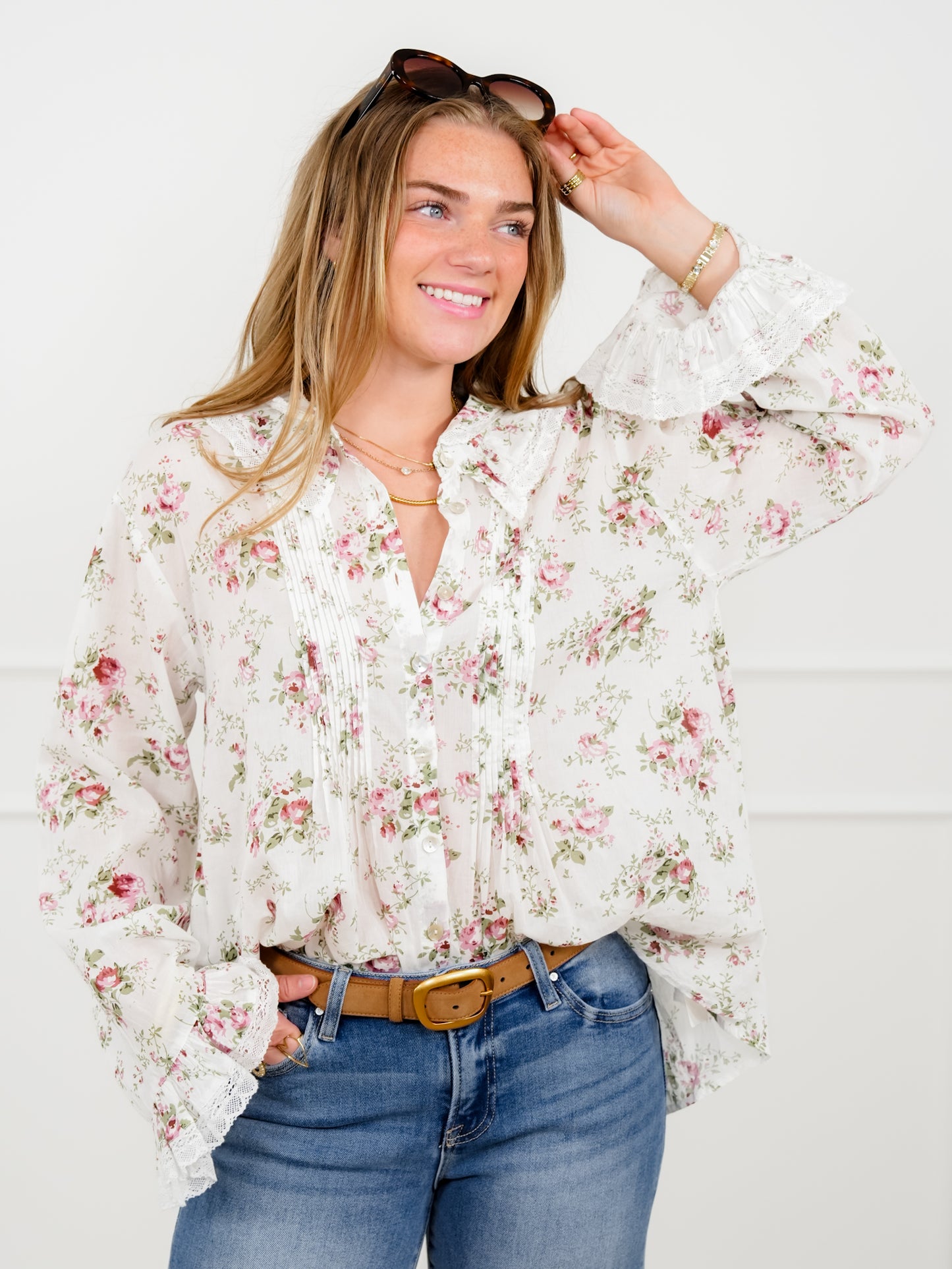 POL Floral Print Long Sleeve Button Down Top with Lace Trim