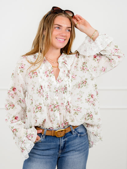 POL Floral Print Long Sleeve Button Down Top with Lace Trim
