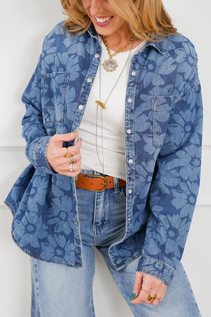 Plus/Reg Risen Dark Wash Floral Print Snap Down Top