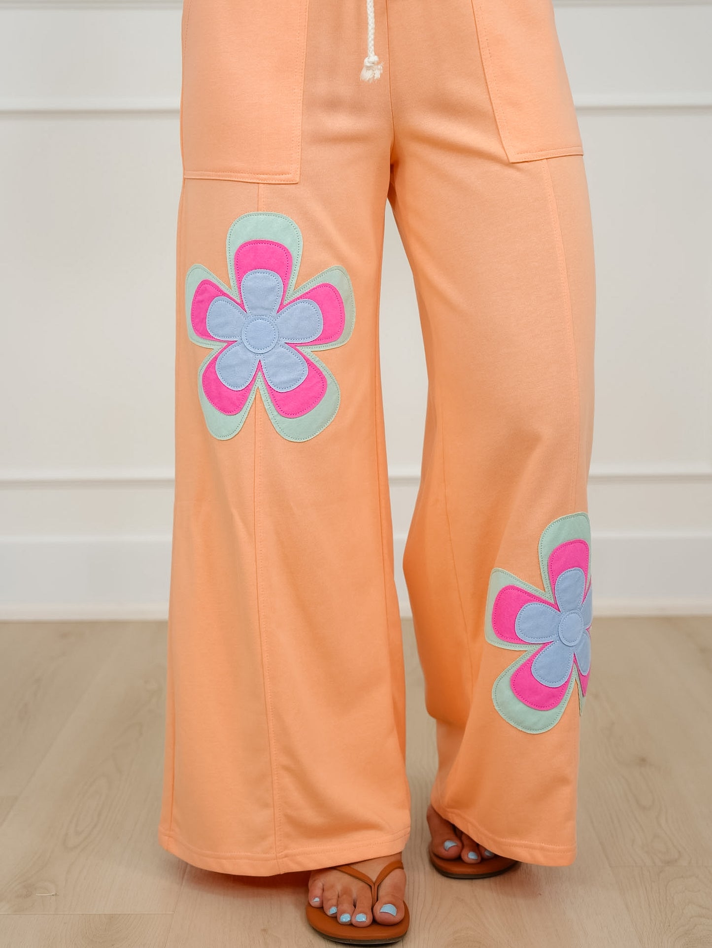 Elastic Waist Wide Leg Pants with Floral Patch