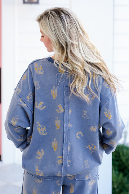 Western Print Long Sleeve Pullover Top