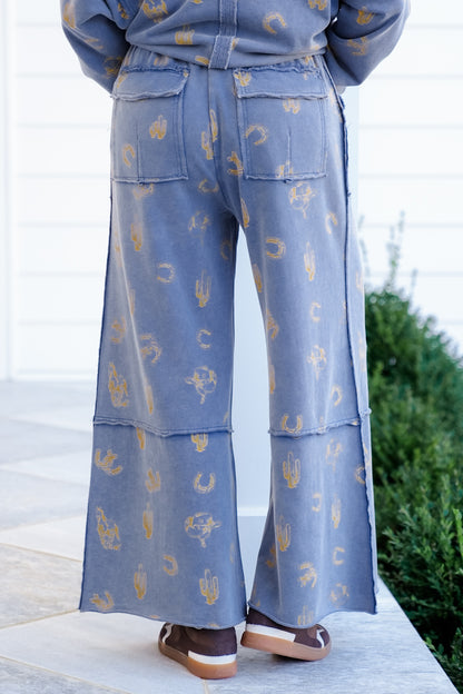 Western Print Elastic Waist Wide Leg Pants