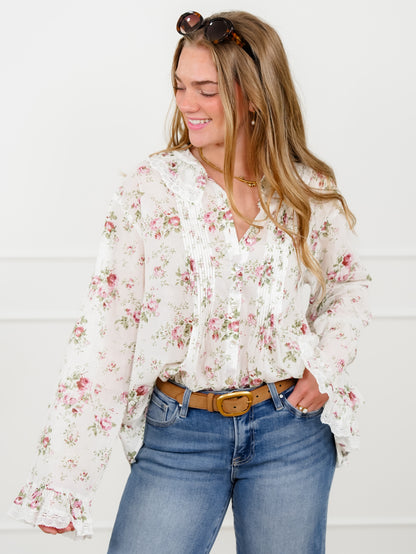 POL Floral Print Long Sleeve Button Down Top with Lace Trim