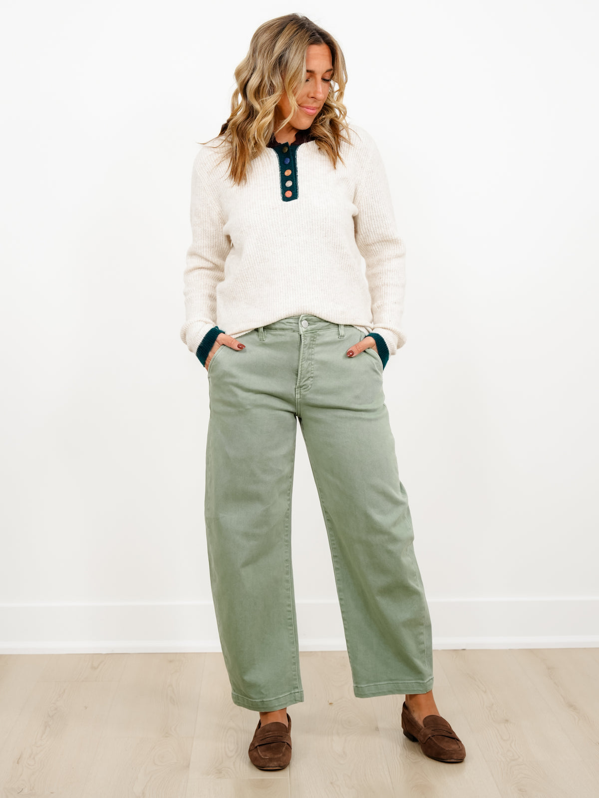 Long Sleeve Button Up Sweater with Contrast Trim