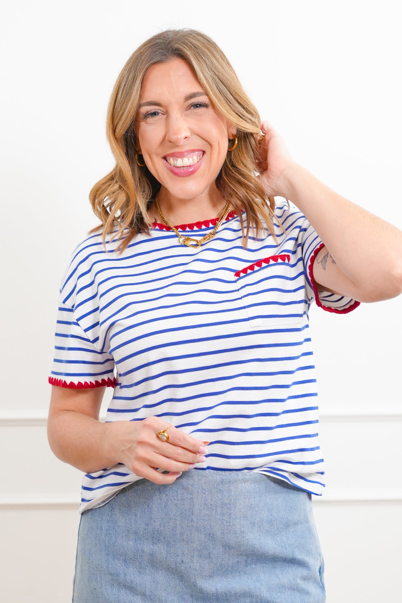 Stripe Short Sleeve Top with Crochet Trim Detail