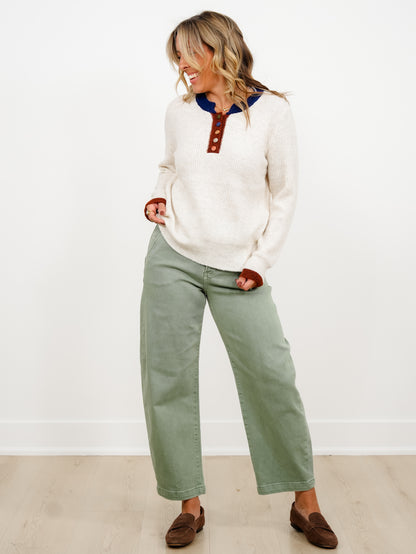 Long Sleeve Button Up Sweater with Contrast Trim
