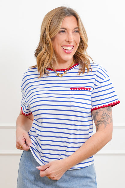Stripe Short Sleeve Top with Crochet Trim Detail