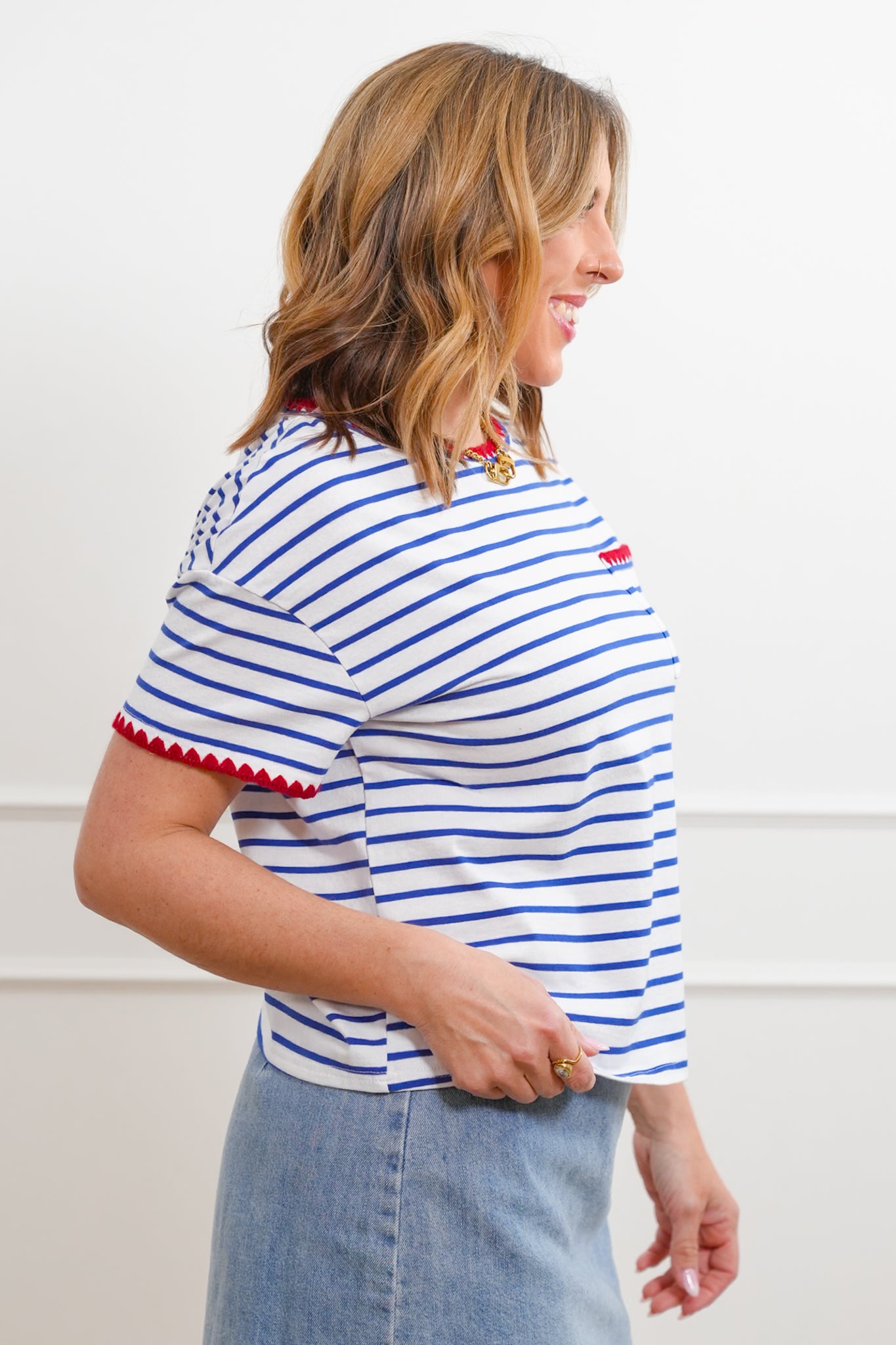 Stripe Short Sleeve Top with Crochet Trim Detail