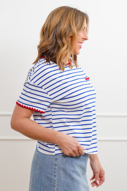 Stripe Short Sleeve Top with Crochet Trim Detail