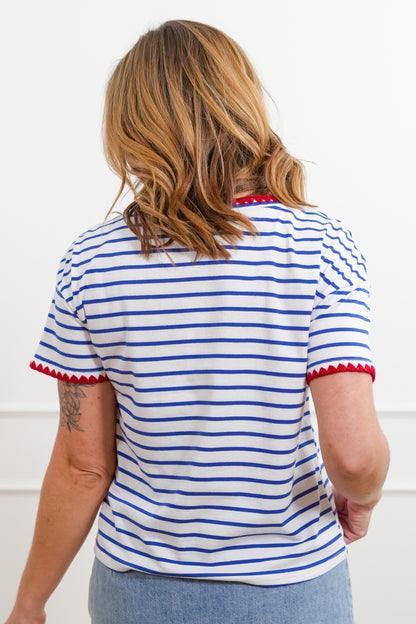 Stripe Short Sleeve Top with Crochet Trim Detail