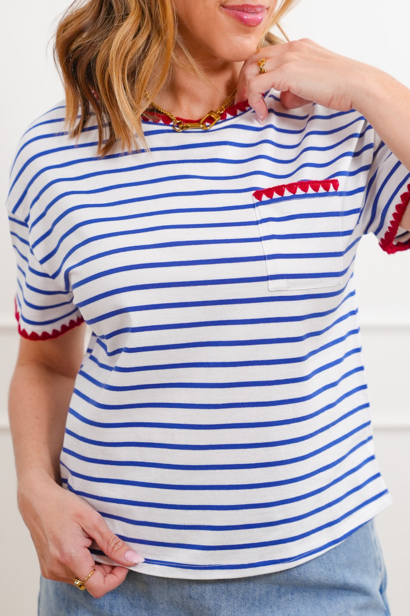 Stripe Short Sleeve Top with Crochet Trim Detail