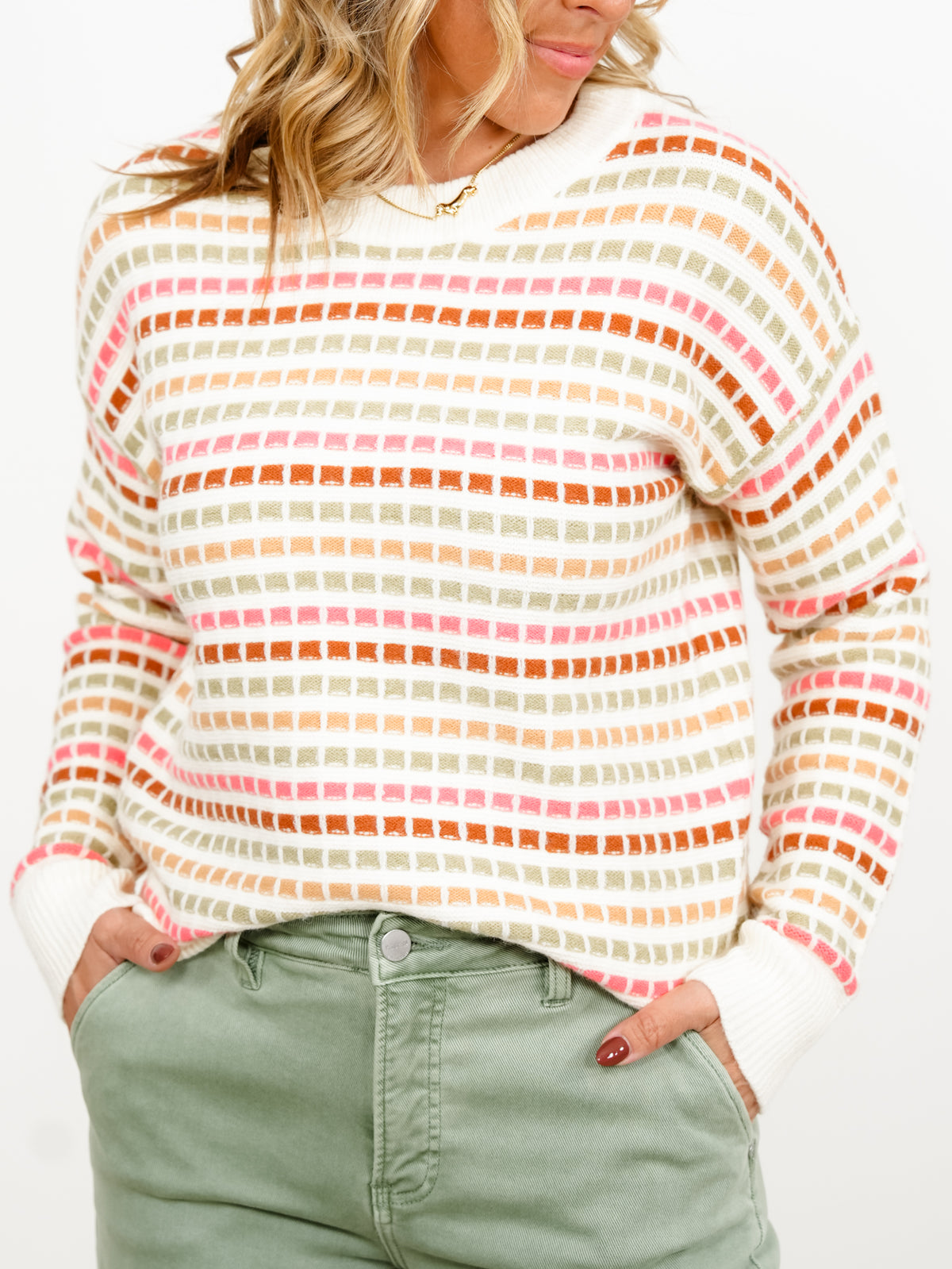 Multi Color Stripe Textured Long Sleeve Pullover Sweater