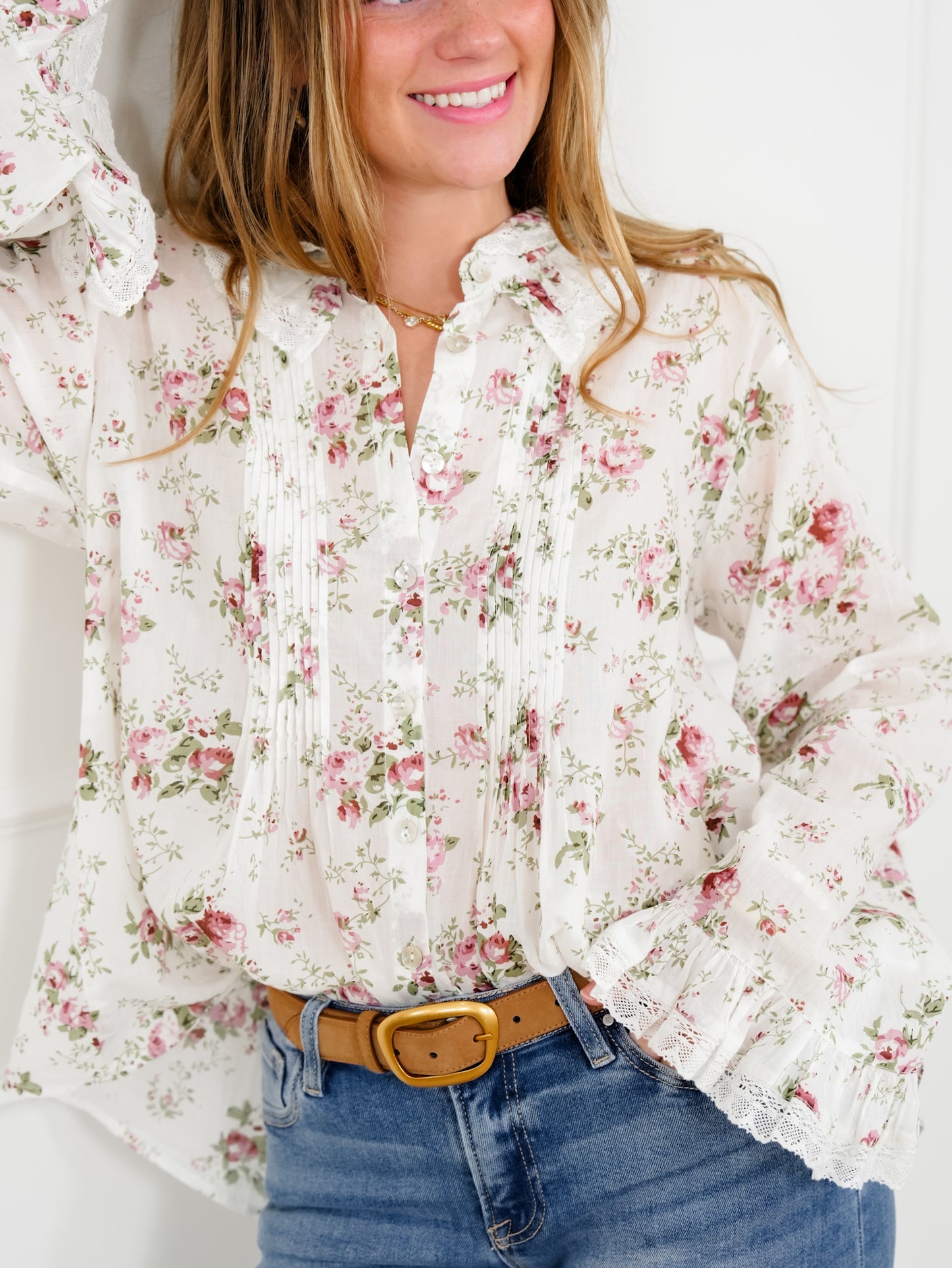 POL Floral Print Long Sleeve Button Down Top with Lace Trim