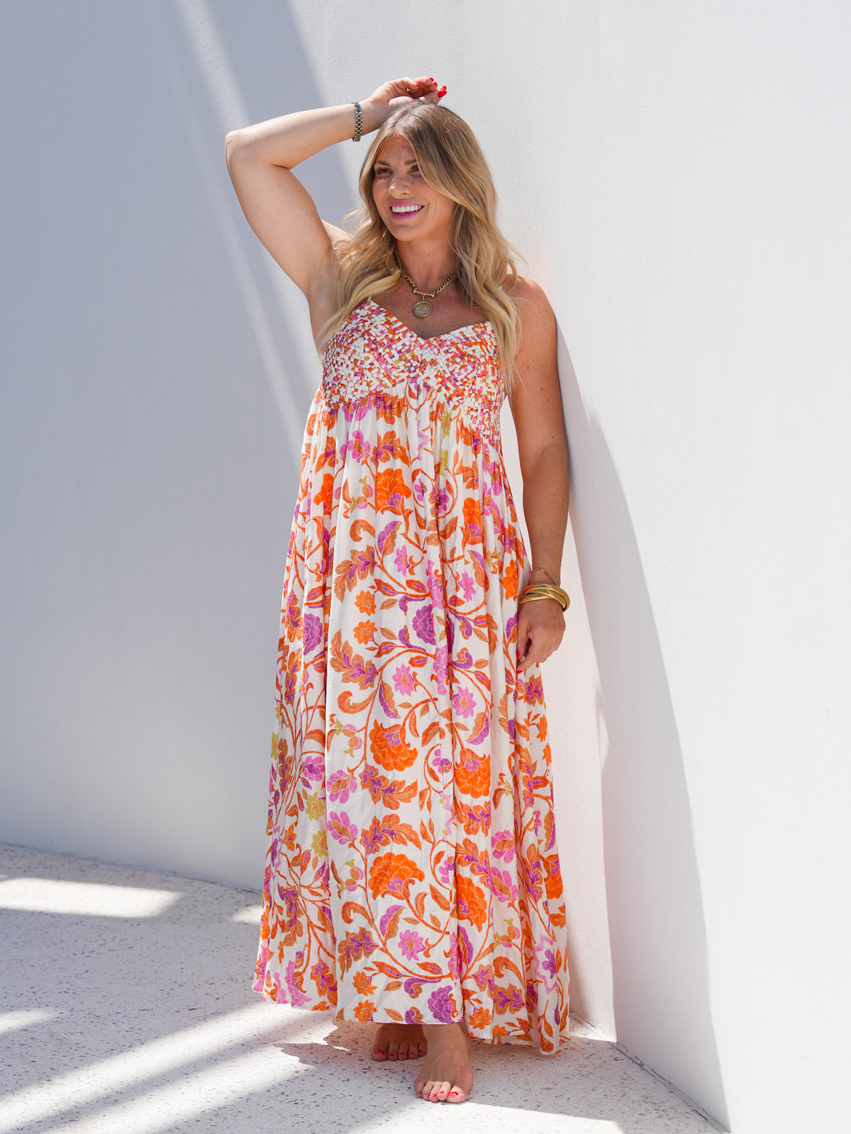 Floral Print Sleeveless Lattice Bodice Maxi Dress