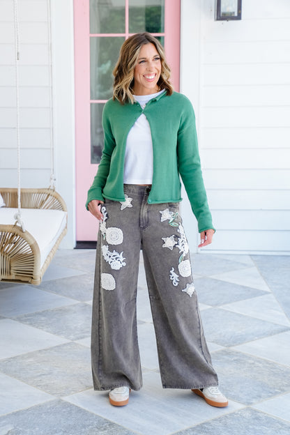 Straight Leg Pants with Floral Crochet Detail