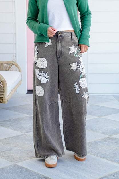 Straight Leg Pants with Floral Crochet Detail