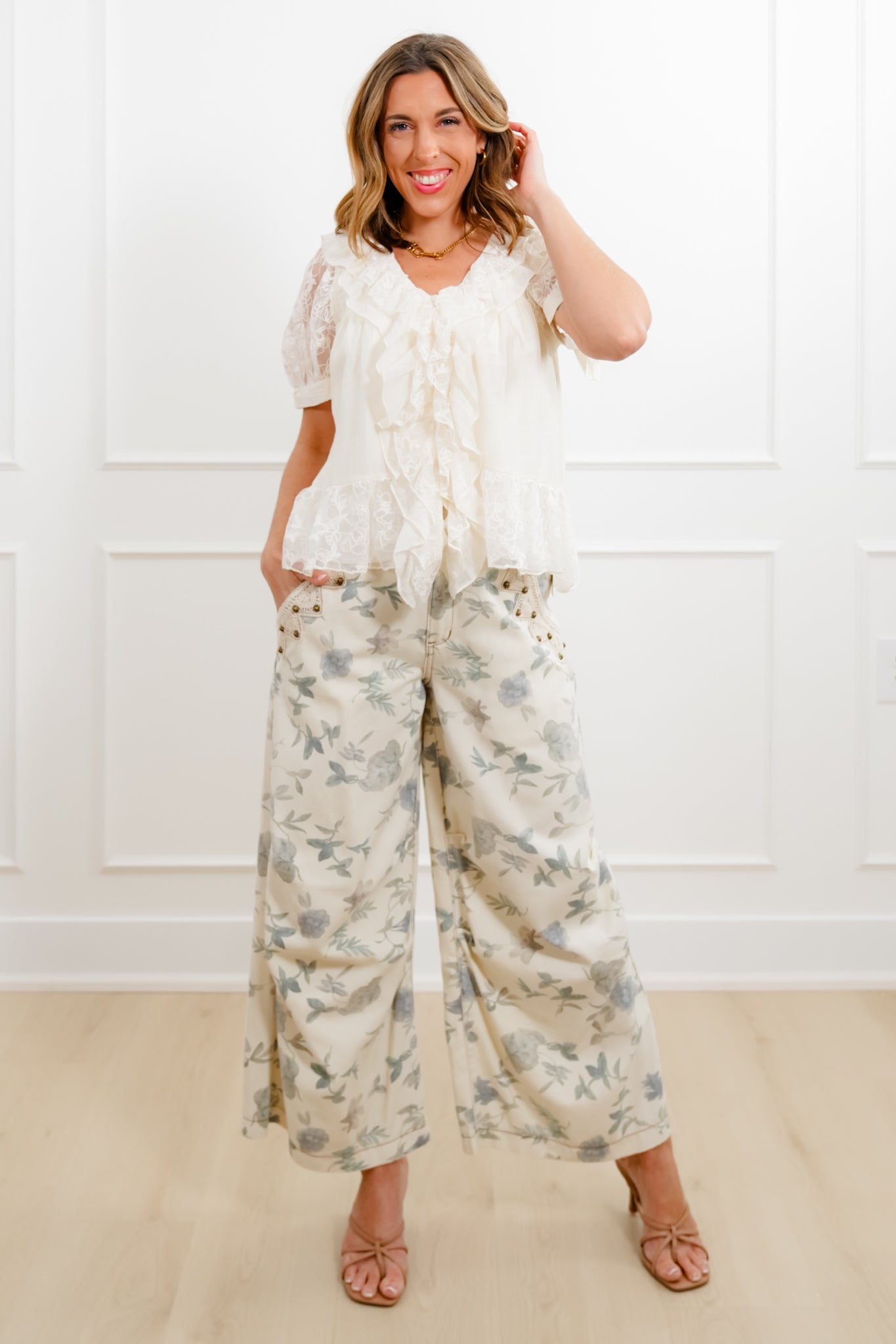 Cream Short Sleeve V Neckline Top with Ruffle